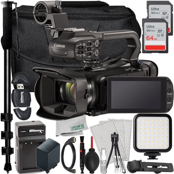 Ultimaxx Essential Canon XA65 Camcorder International Model Bundle - Includes: 2x 64GB Ultra Memory Cards, Ultra-Bright LED Light Kit, Spare Battery with Travel Charger, & Much More (23pc Bundle)
