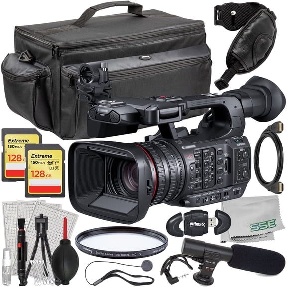 Ultimaxx Essential Canon XF605 UHD 4K HDR Pro Camcorder International Model - Includes: 2x 128GB Extreme Memory Cards, Mini Condenser Microphone & More (22pc Bundle)