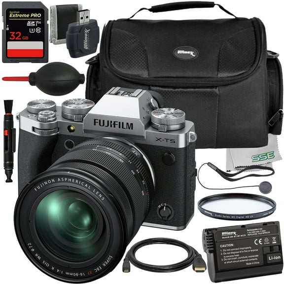 Ultimaxx Essential FUJIFILM X-T5 with 16-80mm Lens (Silver) Bundle - Includes: 32GB Extreme Pro Memory Card, Replacement Battery, Protective UV Filter & More (24pc Bundle)