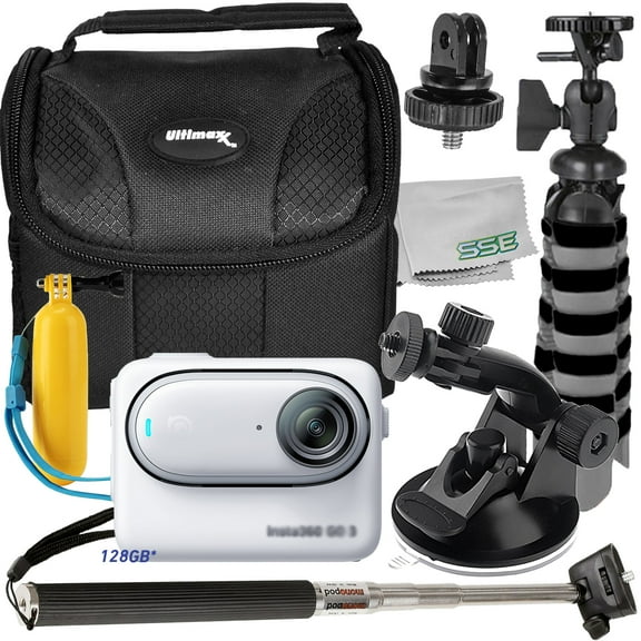 Ultimaxx Essential Insta360 GO 3 Action Camera Bundle (128GB) - Includes: 1/4 Screw Adapter for Action Cam Mounts, Selfie-Stick, Mini Tripod & More (14pc Bundle)