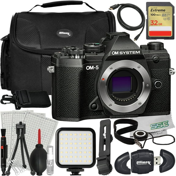 Ultimaxx Essential OM-5 Mirrorless Camera (Black - Body Only) Bundle - Includes: 32GB Extreme Memory Card, Water-Resistant Gadget Bag, LED Light Kit with Bracket & More (18pc Bundle)