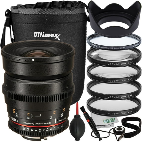 Ultimaxx Essential Rokinon 24mm T1.5 Cine DS Lens Bundle (F-Mount) - Includes: Water-Resistant Lens Pouch, 4PC Macro Close-Up Filter Kit, Protective UV Filter & More (14pc Bundle)