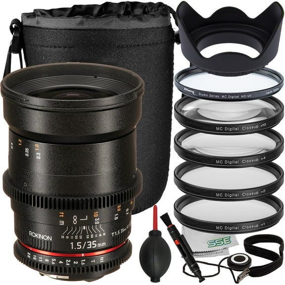 Ultimaxx Essential Rokinon 35mm T1.5 Cine Lens Bundle (F-Mount) - Includes: 4PC Macro Close-Up Filter Kit, Protective UV Filter, Water-Resistant Lens Pouch & More (14pc Bundle)