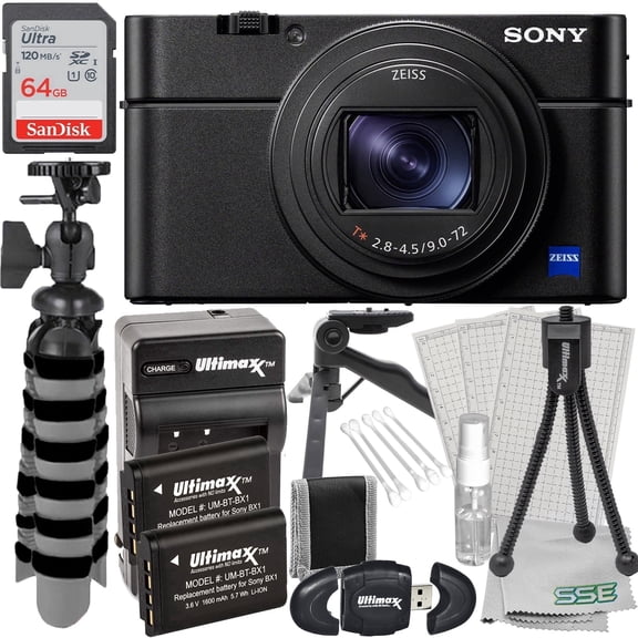 Ultimaxx Essential Sony Cyber-shot DSC-RX100 VII Digital Camera Bundle - Includes: 64GB Ultra SDXC, 2x Replacement Batteries with Travel Charger & More