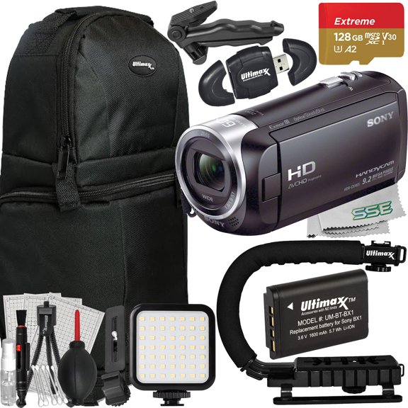 Ultimaxx Essential Sony HDR-CX405 HD Handycam Bundle - Includes: 128GB Extreme microSDXC, 1x Replacement Battery, Action-Grip Stabilizer, LED Light Kit & More (19pc Bundle)