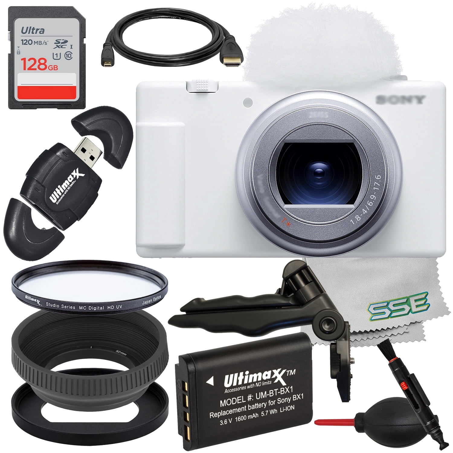 Ultimaxx Essential Bundle for Sony ZV-1 II Camera (White) (International Model) – 128GB Memory Card, Replacement Battery, Filter Adapter Ring & 15-Piece Accessory Kit