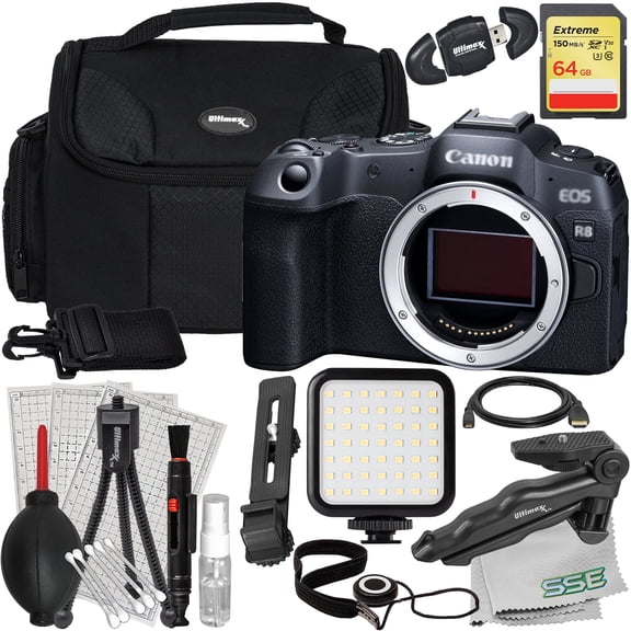 Ultimaxx Starter Canon EOS R8 Mirrorless Camera (International Model) Bundle (Body Only) - Includes: 64GB Extreme SDXC, Ultra-Bright LED Light Kit & More (20pc Bundle)