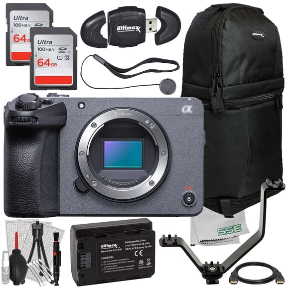Sony FX30 Digital Cinema Camera (Body Only) Bundle with 2x 64GB Memory Cards, Replacement Battery, V-Bracket & 21-Piece Accessory Kit (International Model)