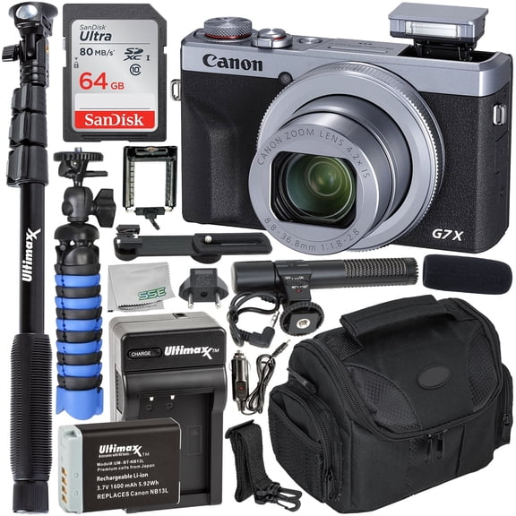 Ultimaxx Vlogging Canon PowerShot G7 X Mark III Camera Bundle (Silver) International Model - Includes: 64GB Ultra Memory Card, Replacement Battery with Charger & More