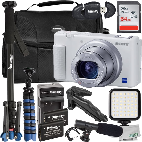 Ultimaxx Vlogging Sony ZV-1 Digital Camera Bundle (White) (International Model) - Includes: 64GB Ultra Memory Card, LED Video Light, Tripod, & Much More