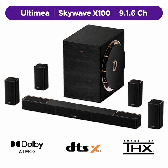 ULTIMEA Skywave X100 9.1.6 THX-Tuned Wireless Surround Sound System w/Dolby Atmos & DTS:X, 10” Subwoofers, 18Hz Low Frequency, 1500W Peak Power, 8K Pass-Through, AVR Grade Sound Bar