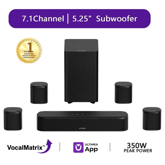 ULTIMEA Aura S4T 7.1ch TV Soundbar with 4 Surround Speakers, Surround Sound System with 5.25" Subwoofer, App Control, Bluetooth 6.0, HDMI/OPT/AUX, Peak Power 350W