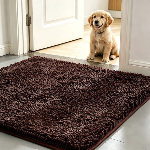 Absorbent Chenille Front Door Mat, Slip‑Resistant Pet Doormat for Muddy Dog Paws, Machine Washable Quick‑Dry Dirt‑Trapping Entry Rug, Indoor Outdoor Carpet,16"×24",Dark Brown