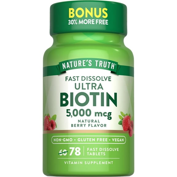 Ultra Biotin 5000mcg | 78 Fast Dissolve Tablets | Hair Skin and Nails Supplement | Berry Flavor | by Nature's Truth