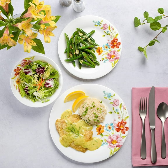 Ultra Break and Chip Resistant 18-Piece Round Dinnerware Set, Service for 6 – Red Floral Plates and Bowls, Microwave & Dishwasher Safe