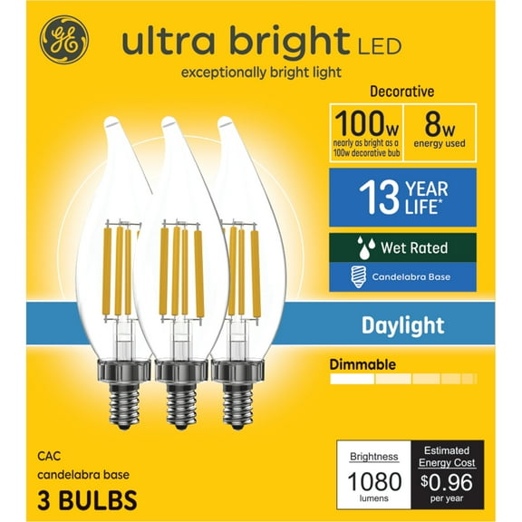 GE Ultra Bright LED Light Bulbs, 100 Watt Replacement, Daylight, CA12 Decorative Candle Bulbs, 3pk