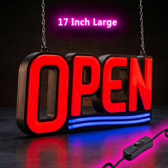 Ultra Bright LED Neon Light Business Open Sign Display for Restaurant Store Shop ( 17" x 8" Rectangle Red & Blue )