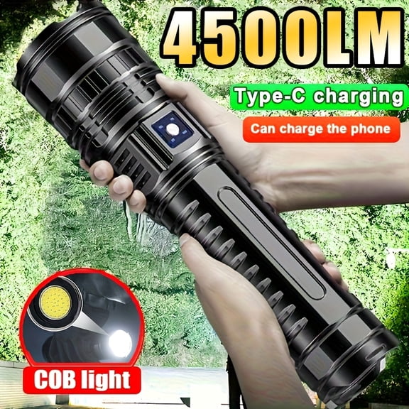 Ultra-Bright LED Rechargeable Flashlight with COB Tail Light, Multiple Lighting Modes, Handheld Torch for Camping, Repair, Fishing, Home & Emergency Use