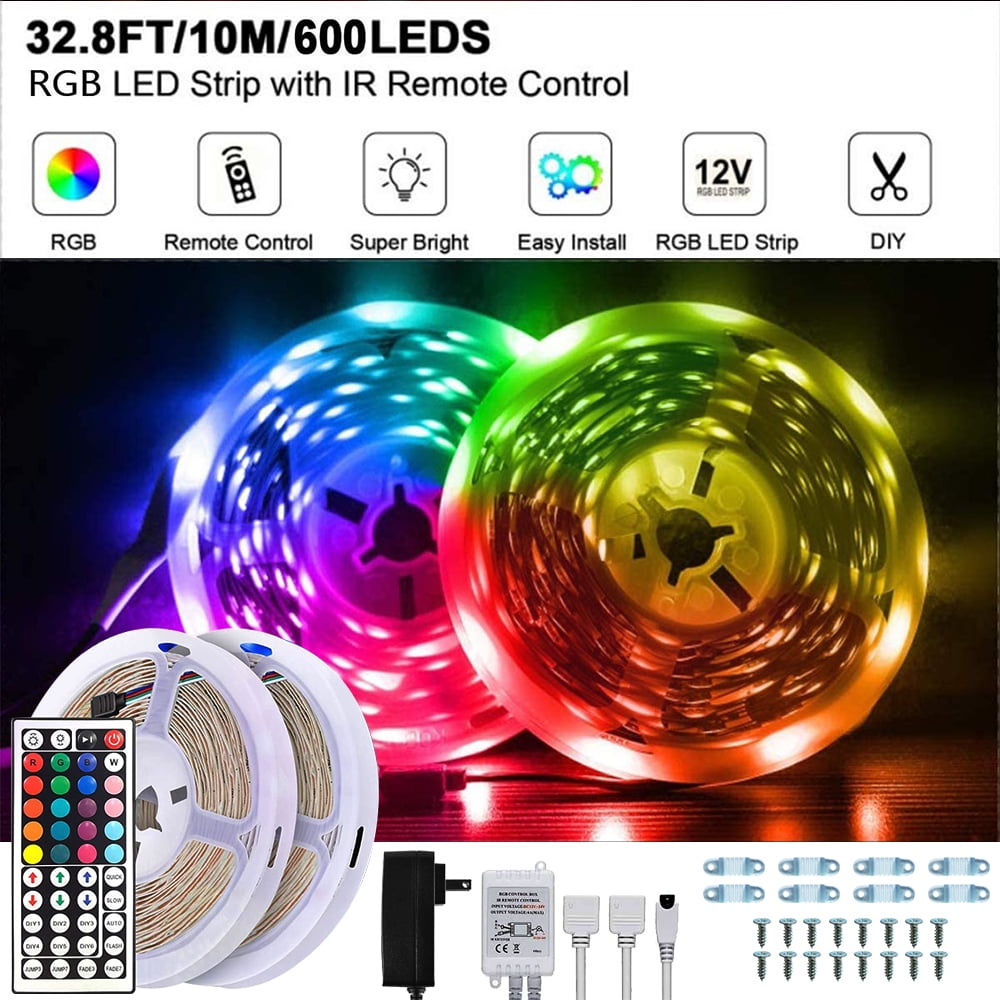 Ultra Bright Led Light Strips for Bedroom 32.8ft Color Changing LED String Lights with SMD 3528 300 LEDs RGB Strip Lighting and 44 Keys IR Remote 12V Power Supply for Home Waterproof DIY Decoration