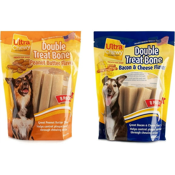 Ultra Chewy Double Treat Bones Dog Treats, Peanut Butter and Bacon Flavor, 2 Value Packs, Made in USA