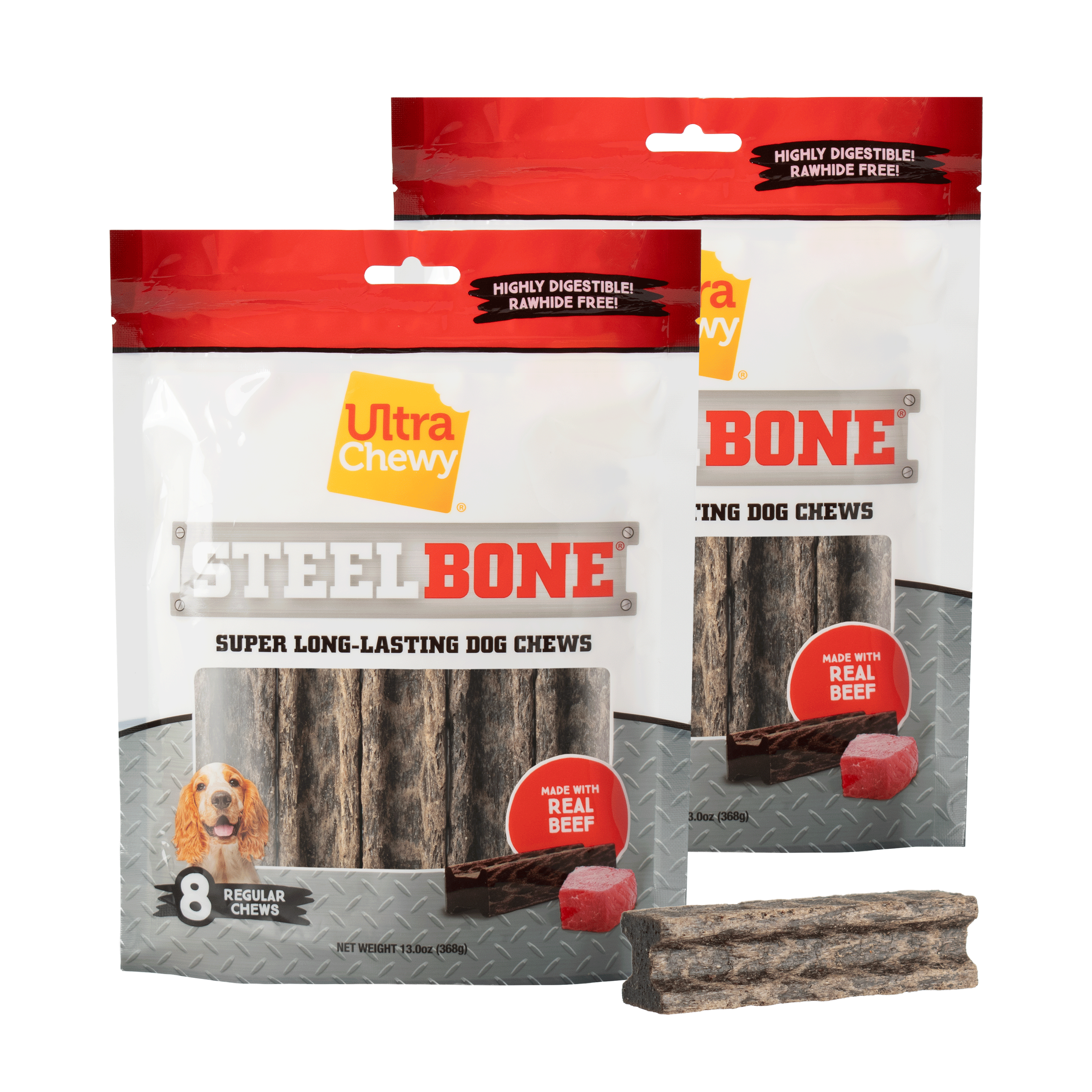 Ultra Chewy Steel Bones Beef Treat for Dogs, Regular (2 Pack)