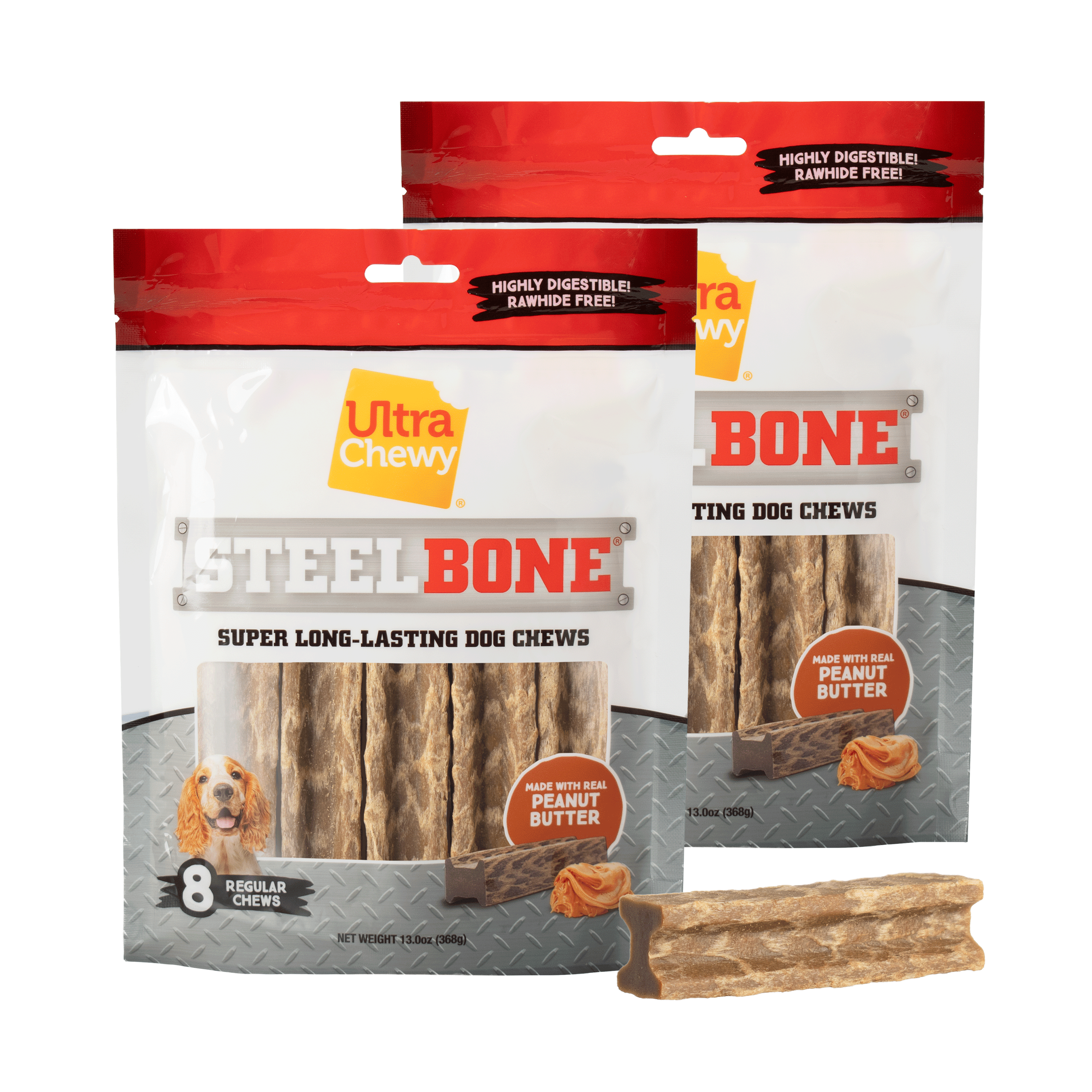 Ultra Chewy Steel Bones Peanut Butter Treat for Dogs, Regular (2 Pack)