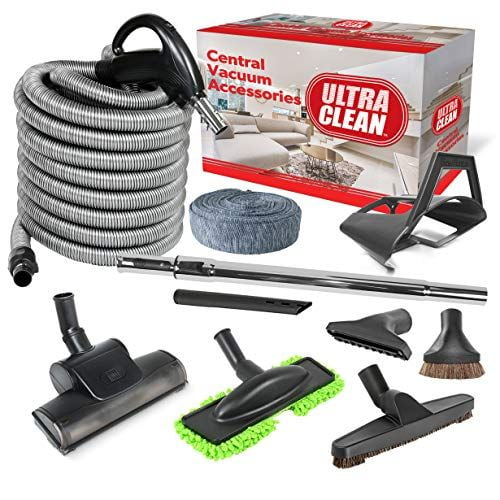Ultra Clean Central Vacuum Hardwood/Rug Attachment Cleaning Tool Kit - Air-Driven Carpet Brush –24 V Hose with 2-way on/off Switch Handle- with Telescopic Wand (Black, 30 ft)