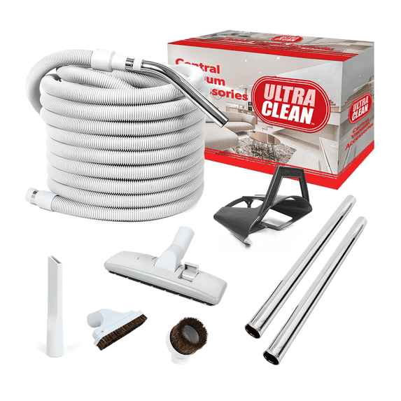 Ultra Clean Deluxe Central Vacuum Hose and Attachment Kit for Bare Flooring, Hardwood, Ceramic, Tiles and Rugs (White, 50 ft)