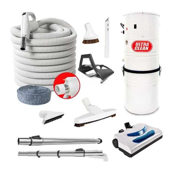Ultra Clean SC100 Heavy Duty Powerful Central Vacuum System – Made in Canada – with Deluxe Electric Hose, Powerhead and Accessory Package (30 ft, Direct Connect, White)