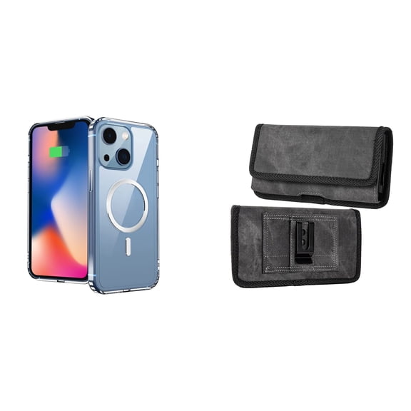 Ultra Clear Case (MagSafe Compatible) and Belt Holster Pouch for Apple iPhone 14 (Black/Gray)