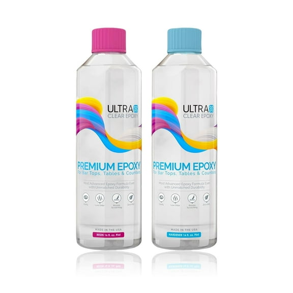 Ultra Clear Epoxy Resin and Hardener | Scratch Resistant, Crystal Clear Coating, Glossy, Low Odor Epoxy Primer | Ideal for Bar Tops, Tables, & Countertops - (2 Quarts Combined/32oz Each)