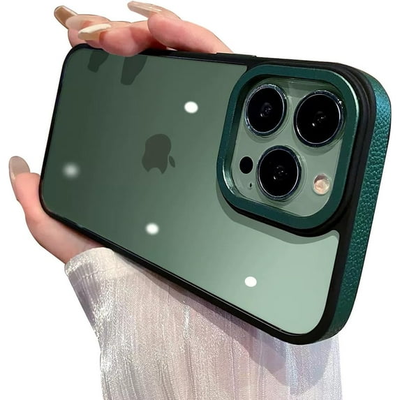 Ultra Clear Metal Camera Leather Frame Acrylic Case Compatible with iPhone Case (iPhone 14 Plus,Green)