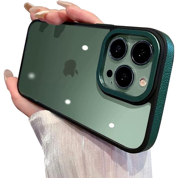 Ultra Clear Metal Camera Leather Frame Acrylic Case Compatible with iPhone Case (iPhone 14 Pro Max,Green)