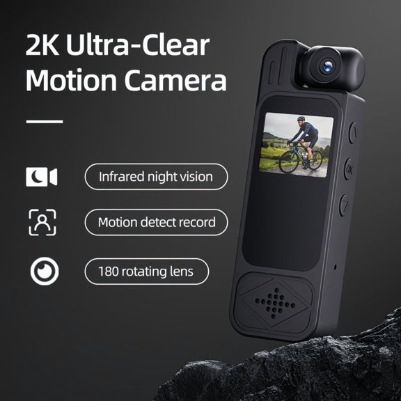 [Ultra-Clear Motion Camera] Ultra-Clear 2K Motion Camera with Infrared Night Vision, Motion Detection, 180 Rotating Lens - Compact Wearable Body Camera for Sports, Cycling, Fishing & Events