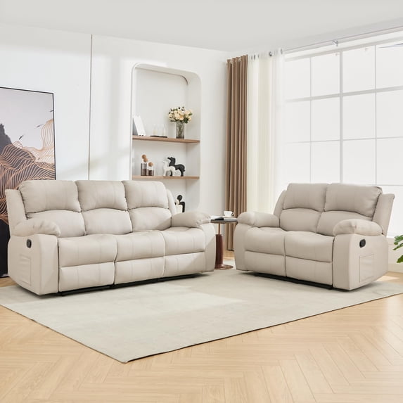 Ultra-Comfort Reclining Couch Sleeper Sofa Set – Ergonomic Leather Loveseat & Chaise Lounge for Living Room & Home Theater (3-Seat Sofa + Loveseat, Beige)