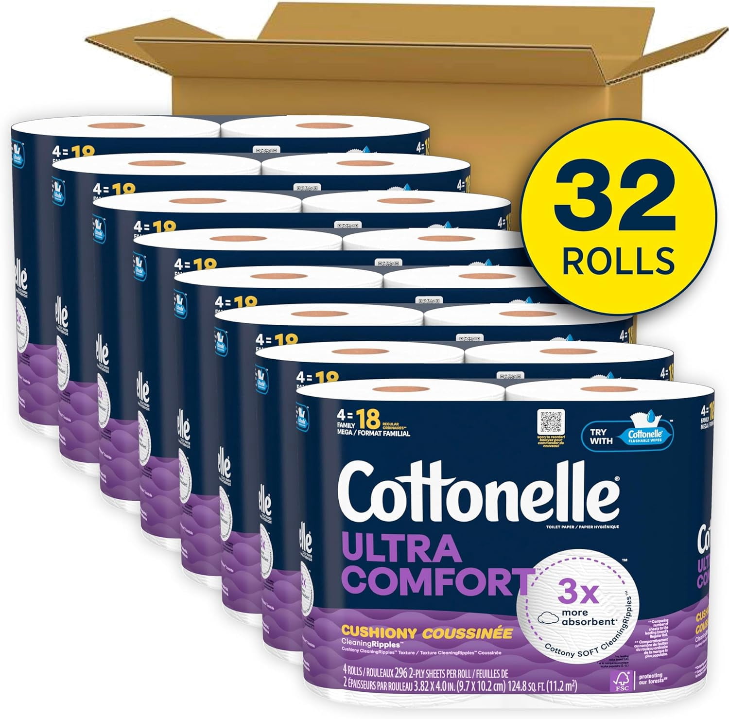 Ultra Comfort Toilet Paper with Cushiony CleaningRipples Texture, 32 Family Mega Rolls = 144 Regular Rolls (8 Packs of 4)