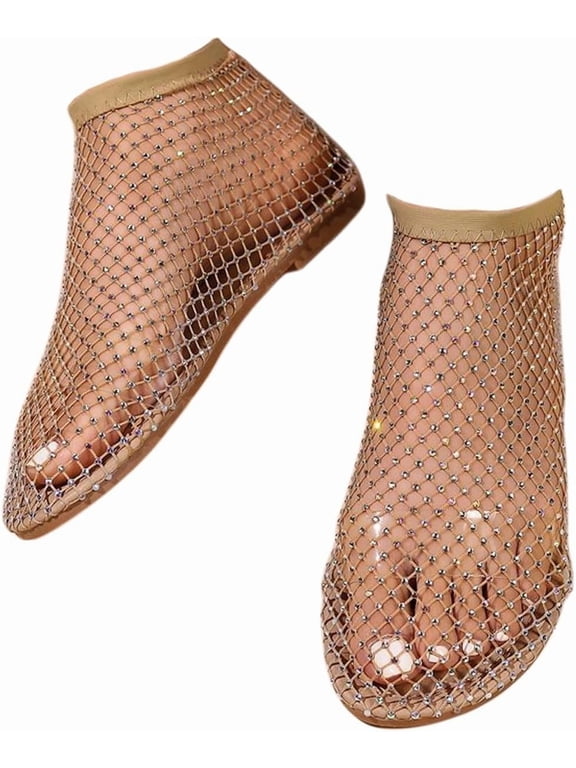 Ultra Comfortable Mesh Flats for Women Fishnet Sandals Low Heel Slip on Rhinestone Shoes