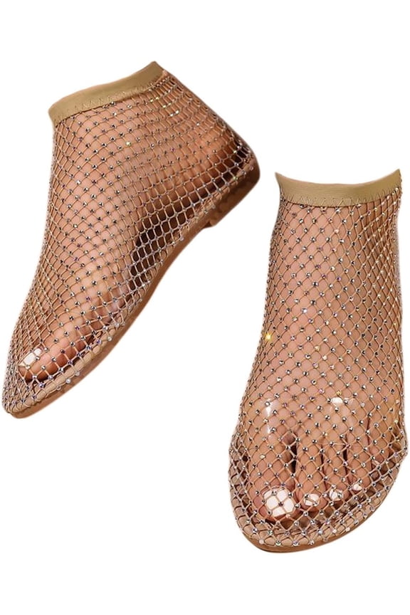 Ultra Comfortable Mesh Flats for Women Fishnet Sandals Low Heel Slip on Rhinestone Shoes