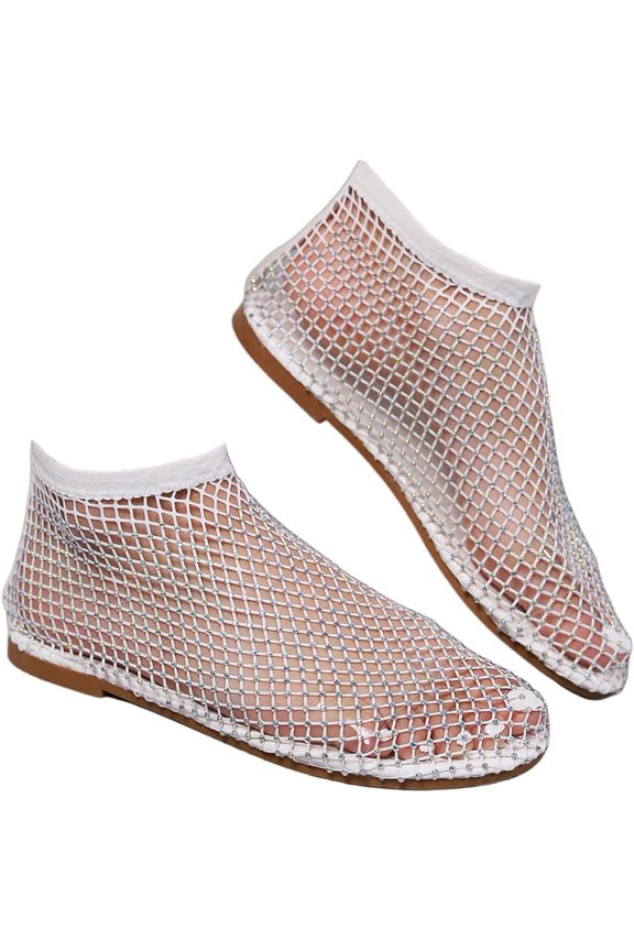 Ultra Comfortable Mesh Flats for Women Fishnet Sandals Low Heel Slip on Rhinestone Shoes