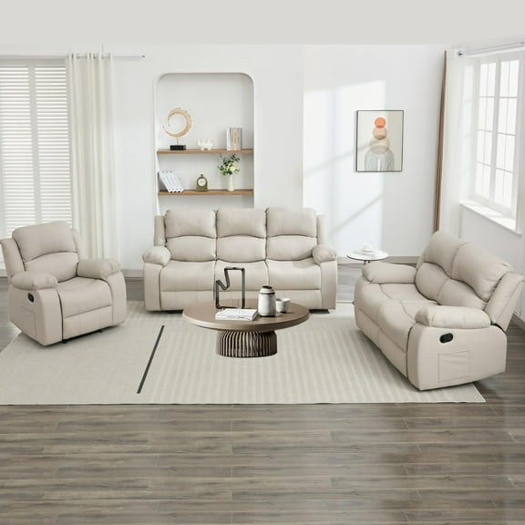 Ultra Comfortable Reclining Couch Sleeper Sofa Set – Leather Recliner Sofa, Loveseat & Chaise Lounge for Living Room & Home Theater (3-Seat Sofa + Loveseat + Recliner, Beige)