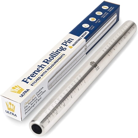 Ultra Cuisine 16 in Stainless Steel French Rolling Pin with Measurements, Nonstick, Dishwasher Safe