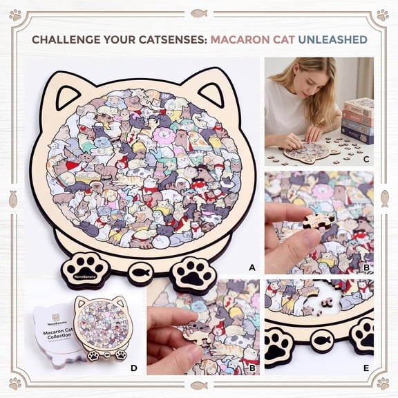 Ultra Difficult Irregular Wooden Puzzle Birthday Gift for Women Macaron Cat Puzzle Fun Cat Collection Ornament 130 Pieces