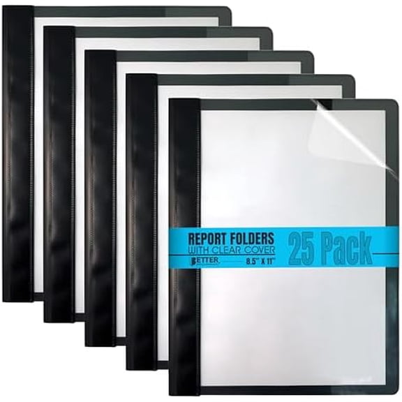 Ultra Durable Clear Front Report Covers, 25 Per Box, Letter Size, Black, Poly Back Cover, with Fasteners, Lay Flat, Box of 25$$Office