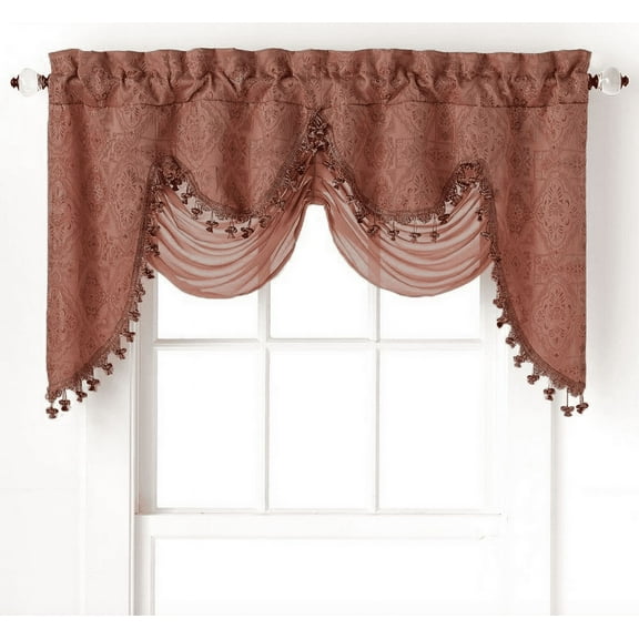 Ultra Elegant Clipped Jacquard Georgette Fringed Window Valance With an Attached Sheer Swag by GoodGram - Spice