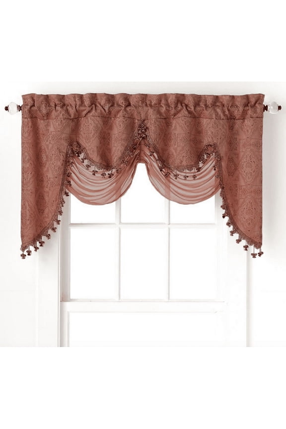 Ultra Elegant Clipped Jacquard Georgette Fringed Window Valance With an Attached Sheer Swag by GoodGram - Spice