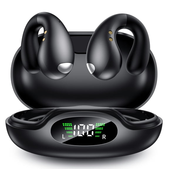 Ultra Ergonomic Clip-On Open Earbuds, Bone Conduction Over-The-Ear Headphones with Waterproof Design and Secure Fit for Small Ears, Obsidian Black