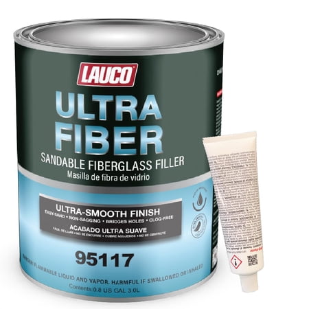 LAUCO Ultra Fiber Sandable Fiberglass Filler, Bridges Holes, Water Resistant, Lightweight, for Fiberglass, Steel, Plastics, Base Color of Yellow-Green, 3 Liters