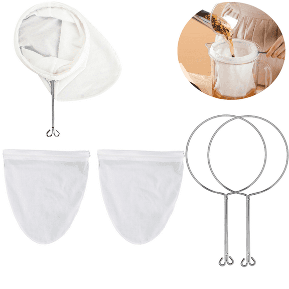 Ultra Fine Mesh Milk Bag Strainer, 2 Pack Reusable Cheesecloth Nut Milk Bag with 2 Pcs Stainless Steel Handle Frame for Filter NutMilk, Coffee, Milk, Butter, Juices and Fresh Cheese (Medium)