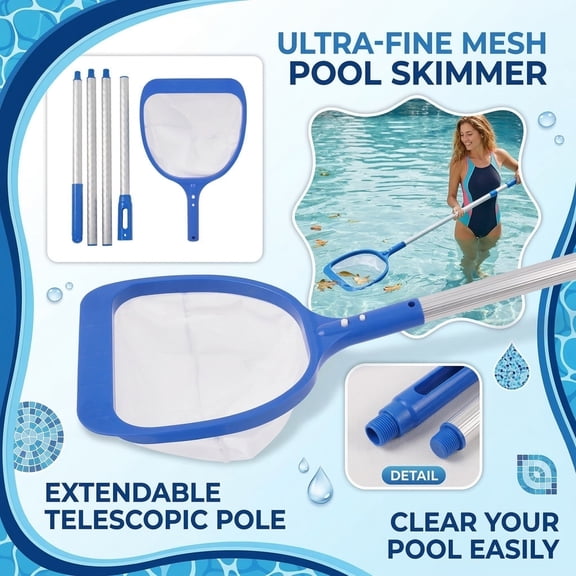 Ultra Fine Mesh Pool Skimmer Net with 4-Section Detachable Aluminum Telescopic Pole, Heavy Duty Leaf Rake for Professional Pool Cleaning & Maintenance