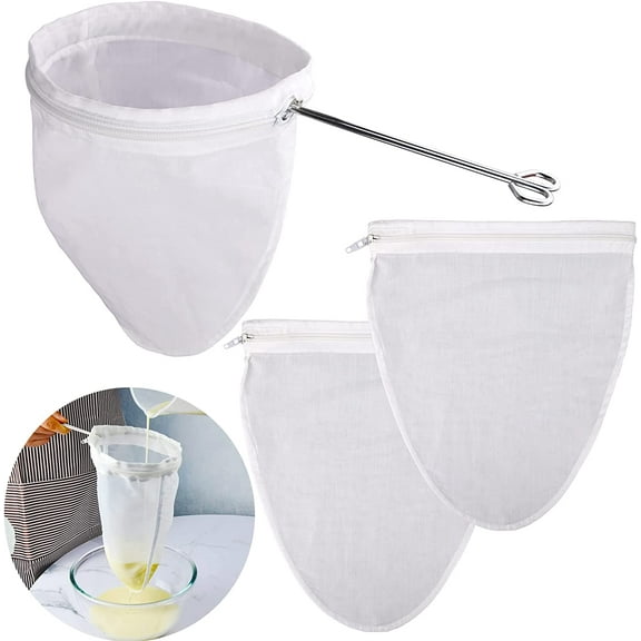 Ultra Fine Mesh Strainer Bags, Reusable Filter Bags with Stainless Steel Handle Frame for Filter NutMilk, Coffee, Milk, Butter, Juices and Fresh Cheese (Large Size)